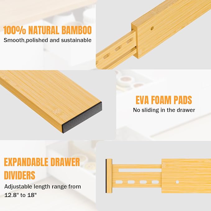 Bamboo Drawer Dividers, 4" High Drawer Organizers for Clothes/Utensils | 12.8-18" Expandable Wooden Drawer Separators for Dresser, Kitchen, Bathroom, Nursery, Office Organization & Storage, 6 Pack