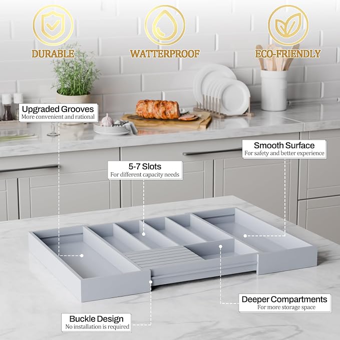 Bamboo Kitchen Silverware Drawer Organizer - Expandable Wood Utensil Holder with Dividers, Luxury Cutlery Storage Tray for Kitchen Utensil and Flatware (5-7 Slots with Removable Knife Block, Grey)