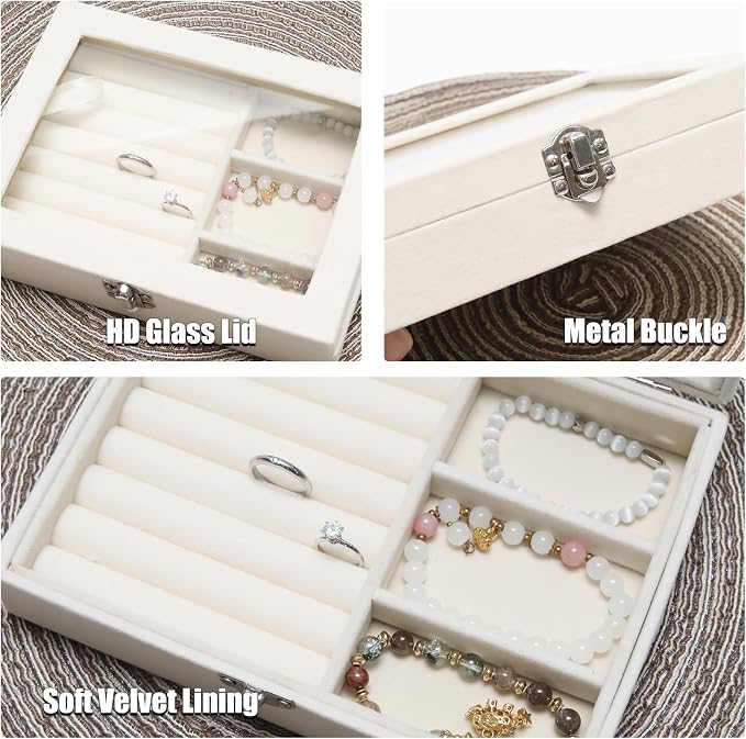 Small Velvet Jewelry Tray with Clear Lid, Lockable Ring Earring Holder Organizer Storage Box Case Jewelry Box Organizer for Rings Earrings Bracelets Brooches, 2-in-1 Beige