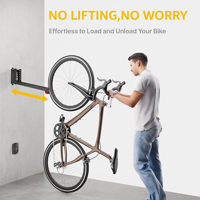 monTEK No-Lift Swivel Bike Wall Mount, Bike Hangers for Garage, 4 Pack | Space-saving bike storage rack pivots 120°; 4 settings fit 16-29 in wheels and tires up to 3.54 in wide; holds 77 lb each