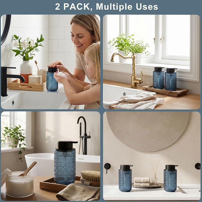 2 Pack Blue Glass Foaming Soap Dispenser, 14 OZ Vintage Hobnail Texture Foam Hand Soap Dispenser, Refillable & Reusable Foam Dispenser with Black Pump for Bathroom, Kitchen Decor, Elegant Look