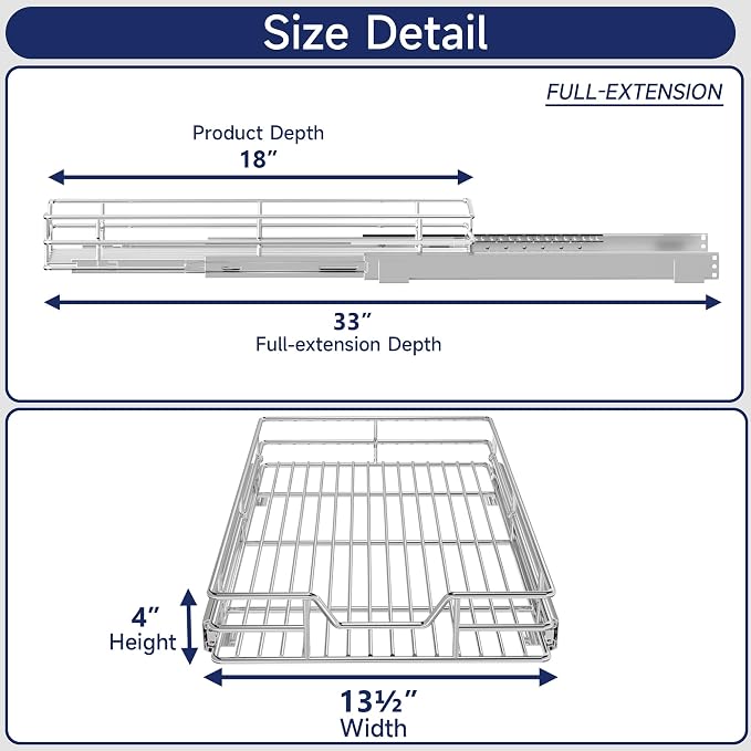 Pull Out Cabinet Organizer, 13.5" W x 18" D, Heavy Duty Chrome Slide Out Shelf for Base Cabinets, Sliding Wire Basket Drawer for Pantry Items, Bowls, Containers & Cleaning Supplies