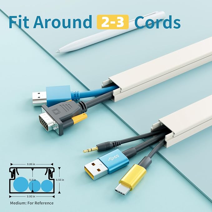 Delamu Cord Hider, 100in Self-Adhesive Cord Cover Kit for Wall Mounted TV, Paintable Wire Hider, Flexible Cable Management System, Cable Raceway Conceals 2-3 Wires, W0.95 H0.55in, Beige