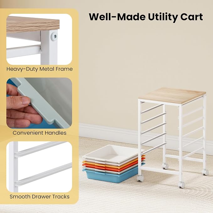 LDAILY Rolling Cart with Drawers, 6 Drawer Rolling Storage Cart with Wooden Tabletop, Metal Frame & Lockable Wheels, Craft Organizers and Storage for Home Office Classroom (Macaron, 6 Drawer)