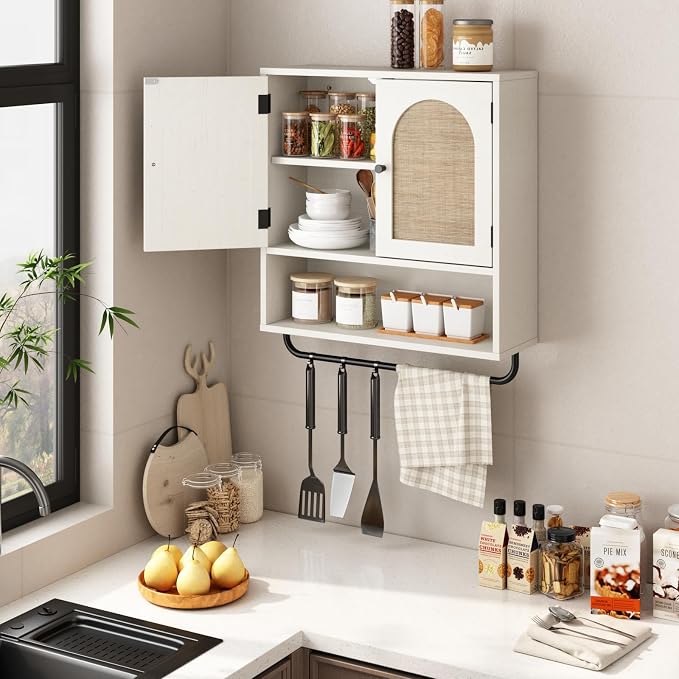 RUSTOWN Rattan Bathroom Wall Cabinet, Boho Medicine Cabinet with 2 Arched Doors, Farmhouse Over the Toilet Storage Cabinets with Adjustable Shelves & Towel Bar, 3-Tier Wall Mounted Cabinets