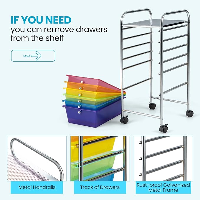 DREAMADE Rolling Cart with Storage Drawers, Utility Cart with Removable Plastic Drawers, Lockable Wheels, Art Cart for Classroom Organization Art Supplies Office Scrapbook (6 Drawers, Rainbow)