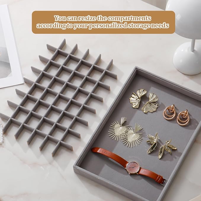 Large Stackable Jewelry Tray 4 Pack Velvet Jewelry Display Drawer Inserts Trays Organizer for Earring Bracelet Necklace Ring (Gray, 48 Grids)