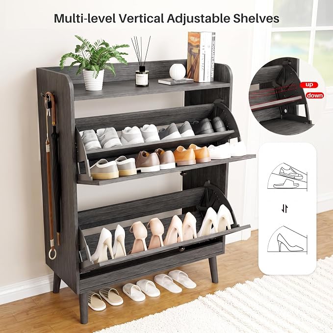 YZ HOME Shoe Storage Cabinet with 2 Flip Drawers, Entryway Shoe Cabinet with 2 Metal Hooks & Adjustable Shelves Freestanding Shoe Organizer Narrow Shoe Rack for Entrance Hallway Foyer Front Door