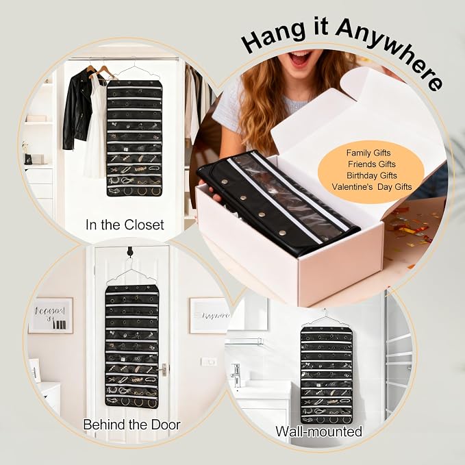 Hanging Jewelry Organizer Storage Roll 80 Zippered Pockets with Detachable Hanger Double-Sided Foldable, Travel Jewelry Holder for Earrings, Rings, Bracelets, Hanging on Closet, Wall, Door, Black