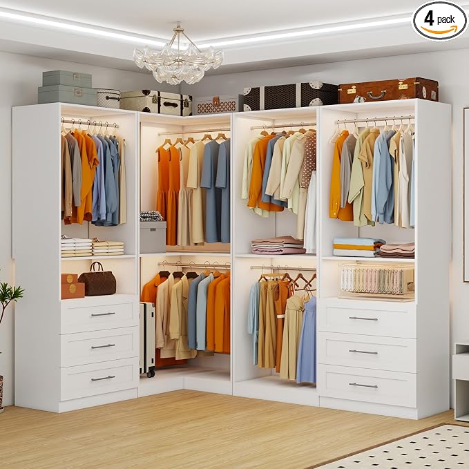 Closet System with 6 Wooden Drawers, 4.5-21.6FT L-Shaped Corner Closet organizer System with 10 Expandable Hanging Rods & 2 Shelves, Modular Closet System for Walk in Closet, 2800+ Lbs, 4 Sets