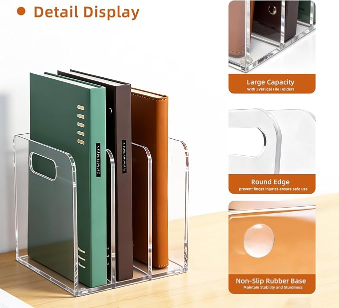 Clear Acrylic Magazine File Holder, 3 Compartment Desk Organizer | 3 spacious vertical compartments hold magazines, files, books & more. Clear acrylic, non-slip base. No assembly, portable.