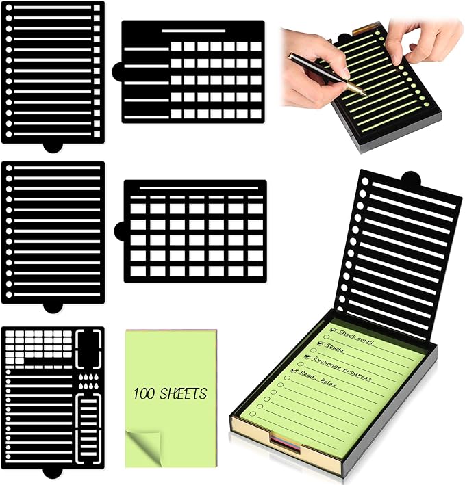4" x 6" Sticky Notes Stencil and Holder Set with 5 Planner Stencils 100 Sheet Self-Stick Sticky Notes Black Acrylic Post It Note Stencil Holder Memo Organizer for Classroom Office Desk Organizer