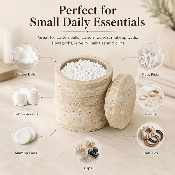 Natural Travertine Round Canister with Lid | Natural travertine canister for Q Tip, cotton rounds, balls, floss picks and short dry vanity items.