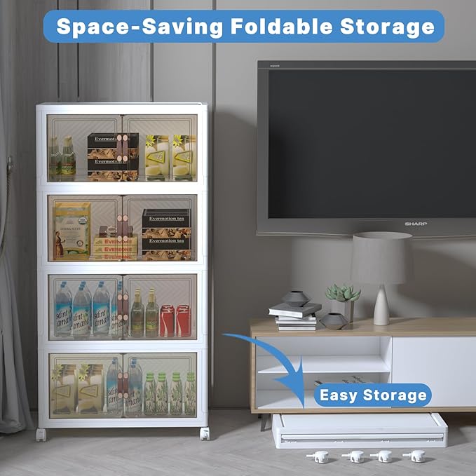 Stackable Storage Bins with Lids, Collapsible Storage Boxes, Foldable Plastic Storage Drawers for Bedroom,Office, Dorm (4, White, L)