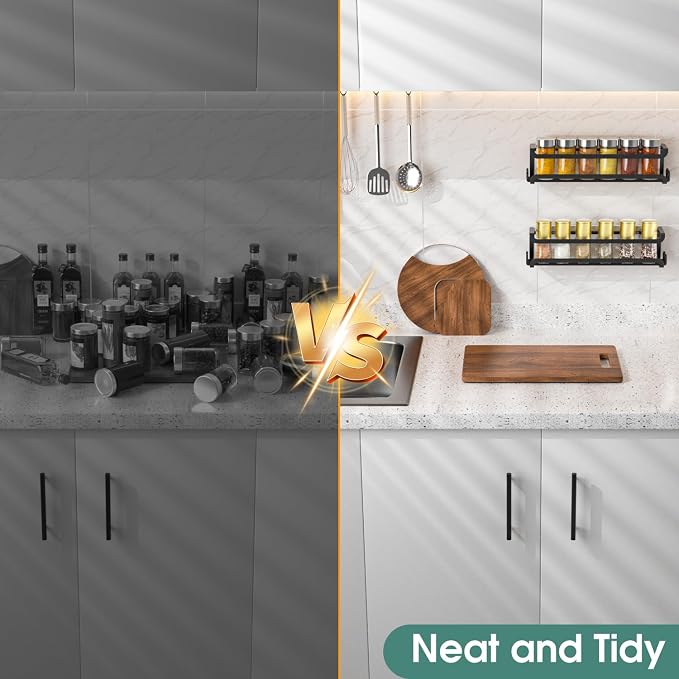 LUCYCAZ 4 Pack Wall Mounted Spice Rack for Kitchen Cabinet,RV,Camper,Black | 16 Metal Hooks, Space-Saving,Screw or Adhesive Spice Shelf Hanging,for Pantry Door Spice Jars & Seasonings,11.41×2.75×2.36in