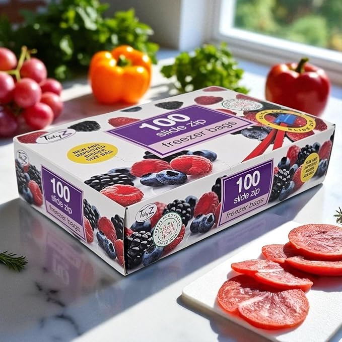 TidyZ 100 Slide Zip Lock Bags, Food Storage Freezer Bags, BPA Free Zip Seal Freezer bags for Fruit, Vegetables, Meat & Snacks - Reusable. In a dispenser Box. Large 23x23cm