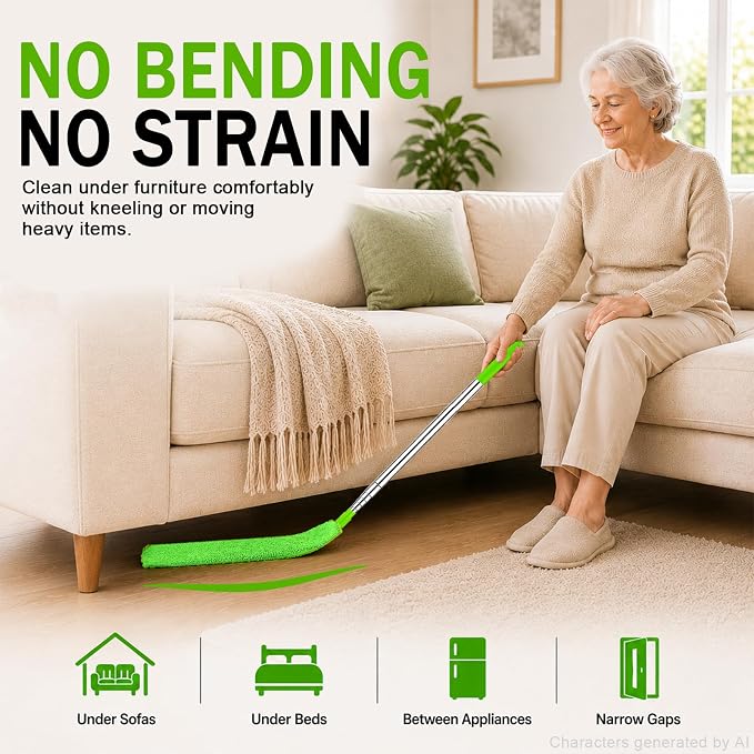 Retractable Gap Dust Cleaner with Extension Pole & 3 Microfiber Cloths | Cleaning Tools with 3 Microfiber Dusting Cloths | Long Handle Duster 30-100'' | Under Refrigerator Furniture Appliance Green