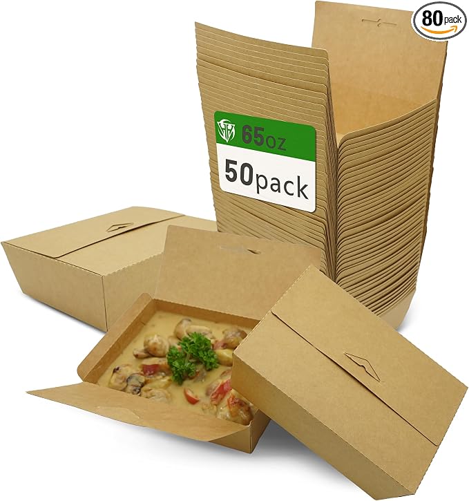 Holotap Disposable Kraft Paper To Go Containers With Lids,Microwaveable and Grease Resistant Cardboard Lunch Boxes,Meal Prep Containers Reusable for Restaurant, Kitchen,and Party (50 Pcs-65Oz)