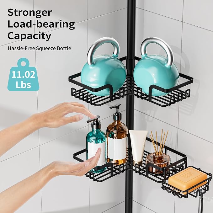 KEGII Corner Shower Caddy Tension Pole, Stainless Steel Shower Organizer | 32 Hooks & 2-in-1 Soap Holders, Adjustable 25–114.2 Inch, Rustproof Bathroom Storage Rack for Families and Renters, Black