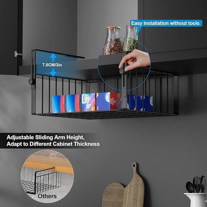AmonHouseware 2Pack Under Shelf Basket Organizer,Adjustable Hanging Holder Storage for Cabinet Pantry Kitchen Cupboard Desk Counter Bookshelf Organization Add-on Space Saver Heavy Duty Slide-in,Black