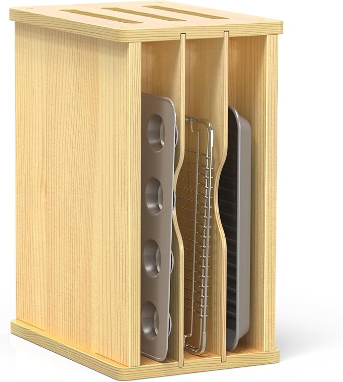 4 Tier Wooden Tray Dividers for Cabinets, Kitchen Vertical Baking Sheet Organizer, Storing Pans, Baking Trays, Cutting Board