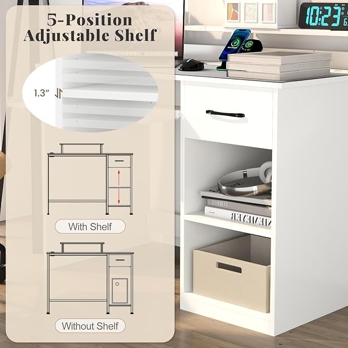Giantex White Desk with Drawers, Modern Home Office Desk with Keyboard Tray, Monitor Stand & Adjustable Shelf, PC Laptop Table Computer Workstation, Study Writing Desk for Small Spaces, Bedroom