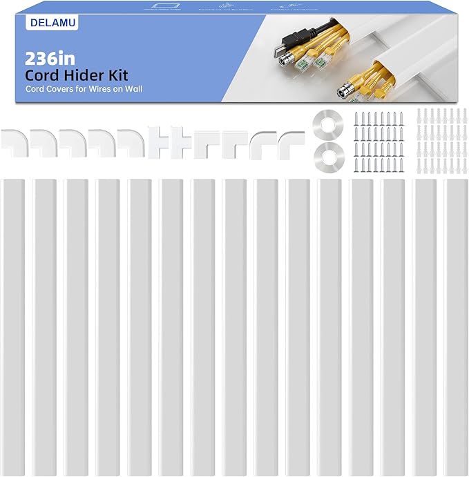 Delamu Large 236in Cord Hider for 3-4 Cords, Cord Covers for Wires on Wall, Easier Install Wire Covers for Cords on Wall, Cable Wire Hider, Cable Cover Management Raceway, W1.18 H0.63in, White