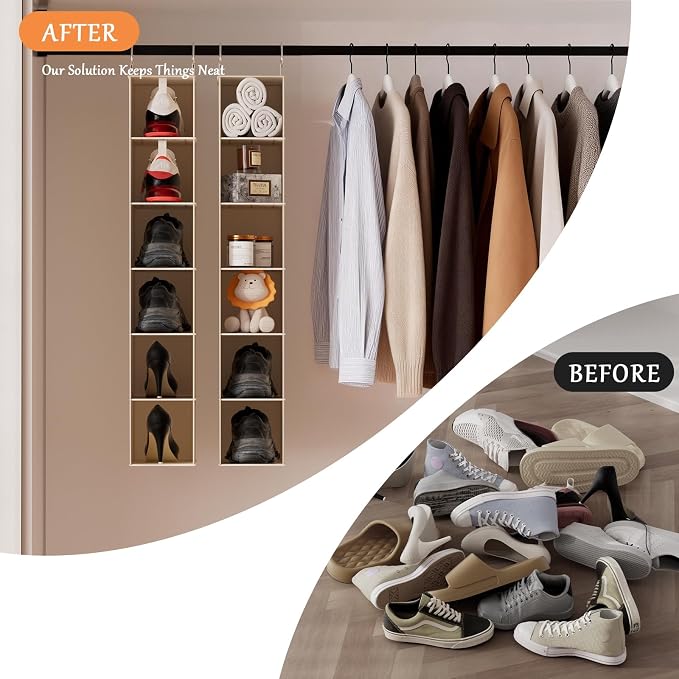 Hanging Shoe Shelves - 6 Section,Closet Organizer Set of 2 with Woven Bamboo Shelves,Slim 5.5” Wide Design for Space-Saving Storage,White