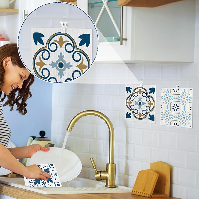 Needbrock 6 Pack Swedish Dishcloths for Kitchen,Swedish Rags Dish Towels with Clips, Reusable Paper Towels Washable Absorbent Cellulose Sponge Cloths for Countertop Dishes Sink Kitchen