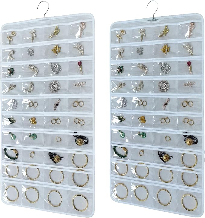 80 Pocket Hanging Jewelry Organizer with Hanger Metal Hooks Storage On Wall Door Closet Double-Sided(Each Side 40 Pockets) Jewelry Holder for Earrings, Necklaces, Rings (White+White)