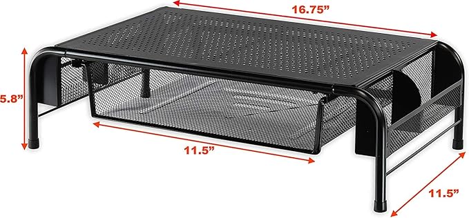 Simple Houseware Metal Desk Monitor Stand Riser w/ Organizer Drawer, Black | Side Storage for Office Supplies