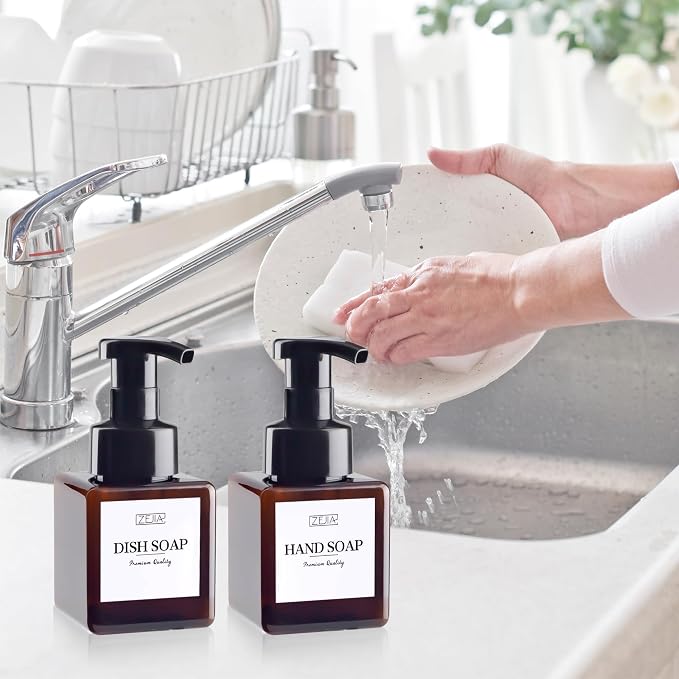 250ML Foaming Soap Dispenser, 2-Pack Plastic Hand Soap Dispenser, Refillable Leakproof Foam Pump Bottle with Waterproof Labels, for Shampoo, Body Wash