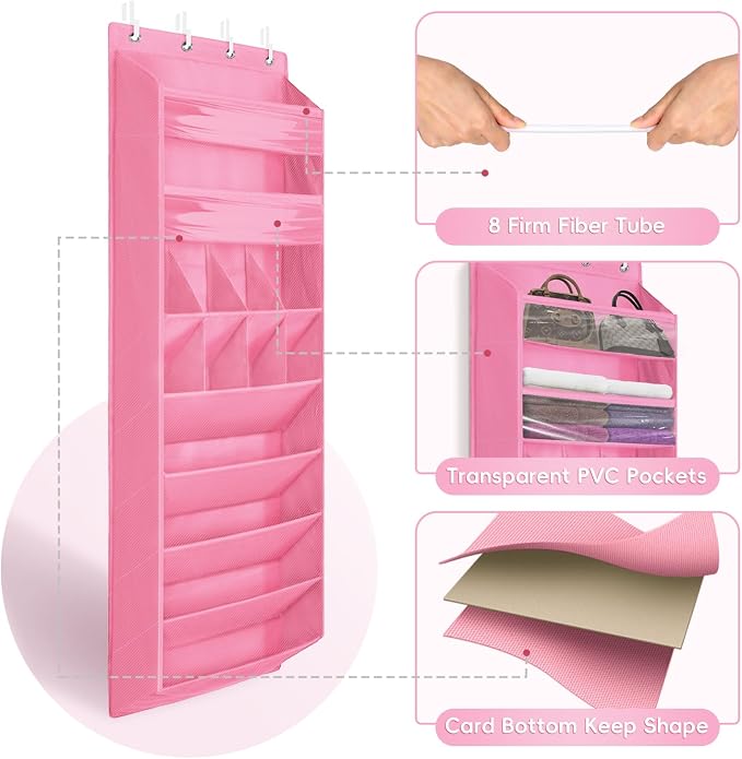 FENTEC 1 Pack 8 Shelves Over The Door Shoe Organizer,68" Exlarge Deep Pockets Hanging Shoe Organizers, Shoe Rack for Closet, Shoe Holder for Boots,Over Door Organizer in Home, RV, Dorm, Pink