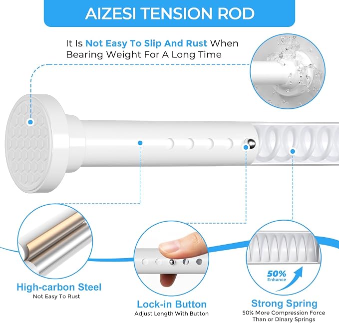 AIZESI Heavy Duty Tension Curtain Rod No Drilling, 40-148 Inch Adjustable Shower Curtain Rod for Bathroom, Window, Closet & Patio, Extra Strong Spring Tension Rod Holds Up to 22 lbs, White