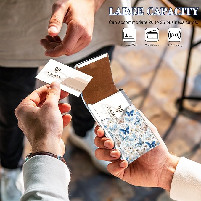 2Pack Leather Stainless Steel Business Card Holder, Metal Slim Business Card Case for Women or Men, Pocket Business Card Carrier with Prints, Magnetic Closure, RFID Blocking