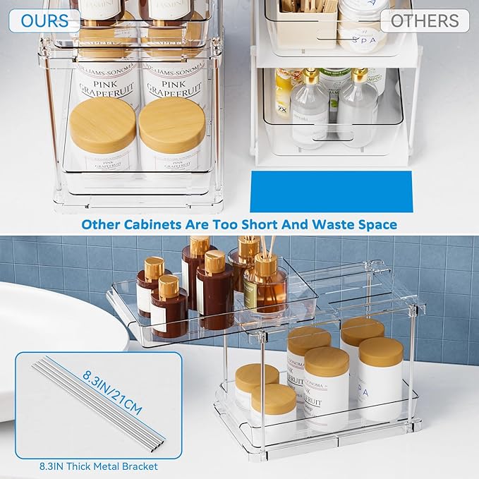 Yieach 2 Pack 2 Tier Pull Out Drawers for Medicine Cabinet Organizer,Bathroom Under Cabinet Storage,12.1″ Deep Pantry and Medicine Shelf Organizer for Toiletry Product,Vitamin Bottle and Supplement