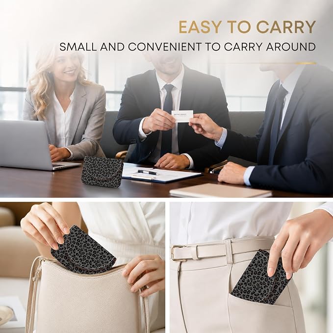 Business Card Holder，PU Leather Business Card Case Purse Gray Leopard Print | Pocket Travel Name Card Case for Men and Women Gift，Portable Magnetic Business Card Carrier for Purse