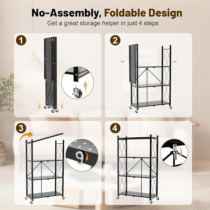 4 Tier Foldable Storage Shelves on Wheels, Heavy Duty Metal Shelving Unit, No Assembly Required for Kitchen, Garage, Pantry, Basement, Bookshelf, Black