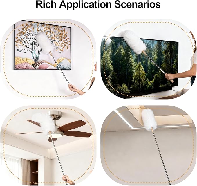 White Lambswool Extendable Duster, 32-98 Inch Bendable Wool Head with Anti-Static Properties and Stainless Steel Extension Pole for Ceiling Fans, High Walls, and Roof Dusting(one Pack)