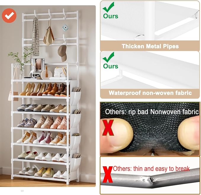 OYREL Shoe Rack 7 Tier Shoe Organizer Storage 21-28 Pairs | Closet Shoes Rack for Front Door Entrance Shoe Rack Organizer with Hooks Side Pocket Entryway Large Capacity Shoe Shelf Tower
