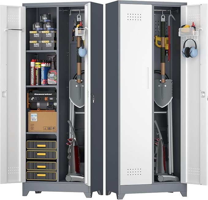 Broom Storage Cabinet, Metal Utility Storage Cabinet with Hanging Rail, 65" Tall Cleaning Tool Organizer with Shelves and Doors, Cleaning Storage for Home, Garage, Office, Balcony