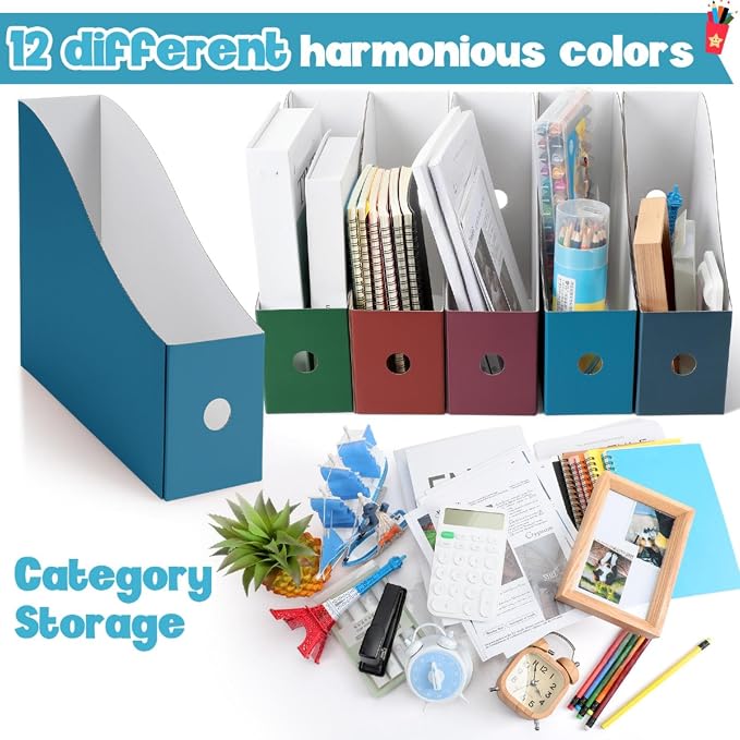 Colarr 24 Pcs Cardboard Magazine Holders 12 Colors Magazine Storage Box with Label Stickers Magazine File Holder Folder Book Holder for Desk Desktop Document Holder for School (Classic Color)