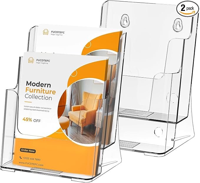 FUCDTEFC 2 Pack Acrylic Brochure Holder 8.5x11 & 4 x9 Inches, Clear 2 Tier Literature Magazine Stand Brochure Display Stand w Removable Divider Universal, Flyer Holder for Wall Mount or Countertop