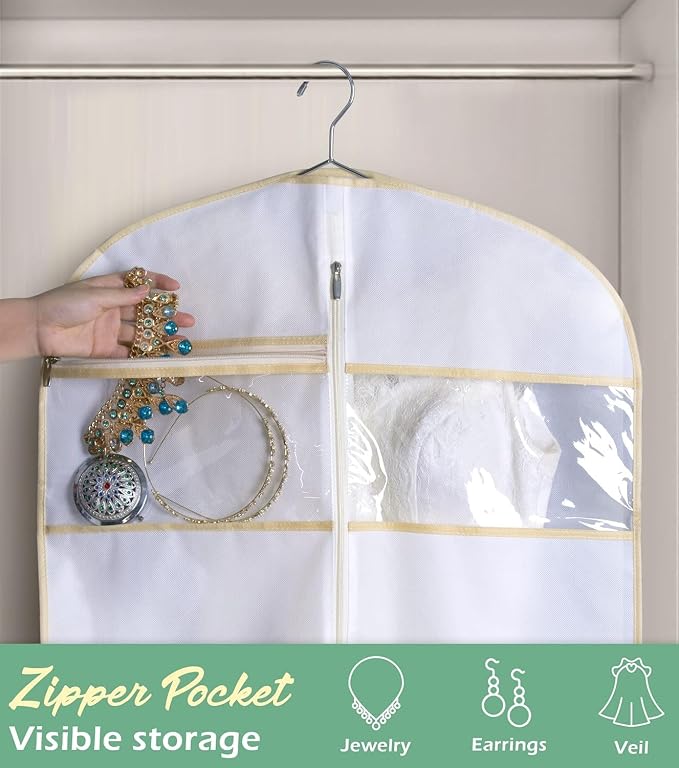 MISSLO 70" Bridal Wedding Gown Dress Garment Bag with Accessories Pouch Large Travel Garment Cover 8" Gusset (White)