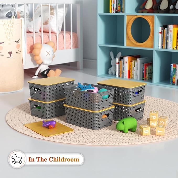 Plastic Storage Baskets With Bamboo Lid - Plastic Storage Containers Stackable Storage bins: Storage Baskets for Organizing Shelves Drawers Desktop Closet Playroom Classroom Office, 6 Pack, Gray