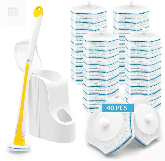 JEHONN Disposable Toilet Brush with 40PCS Wand Cleaner Refills, Wall Mounted Toilet Bowl Brush Holder Set, Bathroom Cleaning System for Sink Bathtub Wash Basin (Yellow)