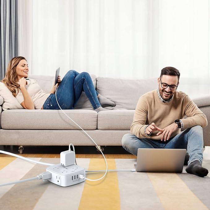 10 Ft Surge Protector Power Strip - YISHU 3 Side Outlet Extender with 8 Widely AC Outlets and 4 USB Ports, 10 Feet Extension Cord with Flat Plug, Wall Mount Desk USB Charging Station, ETL,White