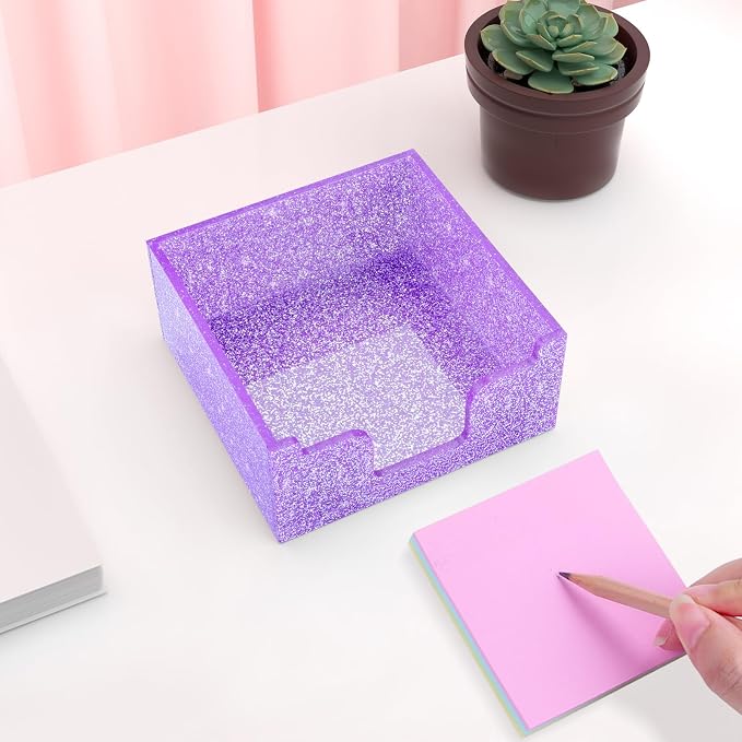Rouidr Acrylic Sticky Note Holder, Self Stick Note Pad Holder, Purple | 3.94 x 3.94 Inch Glitter Memo Pad Dispenser Organizer for School Office Home Desk Supplies