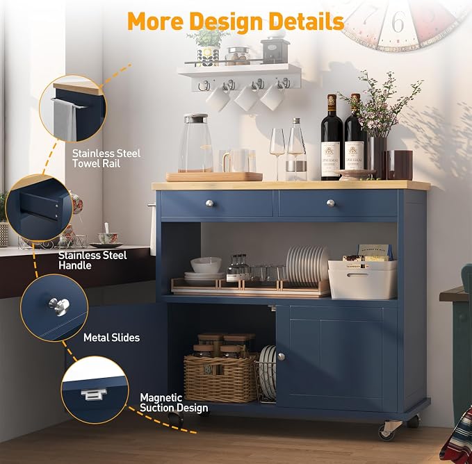 knoworld Rolling Kitchen Island with Storage Cabinet, 35.4'' Width Kitchen Cart, 2 Drawers Island Table, Portable Mobile Kitchen Island with Towel Rack, Wood Top and Lockable Wheels, Blue