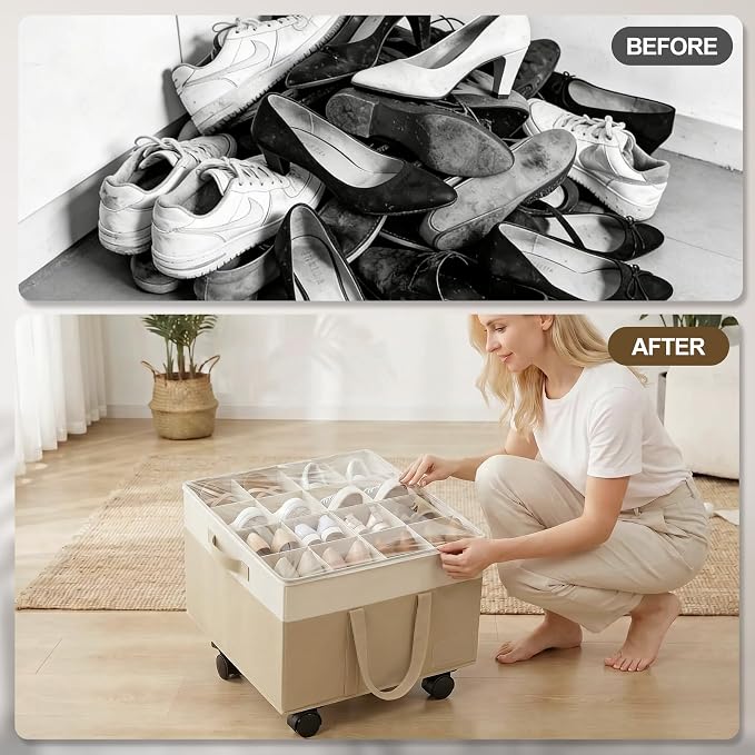 2 Pack Large Shoe Organizer for Closet, 32 Pairs Shoe Storage Box Beige | 360° Wheels & Reinforced Handles, Adjustable Dividers, Clear Cover, Side Pocket, Foldable Oxford Fabric Bin for Entryway
